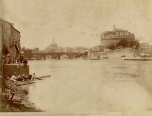Eugenio ChauffourierVeduta di Castel Sant’Angelo con San Pietro sullo sfondo albumina 1875, cm. 19.9 x 26
